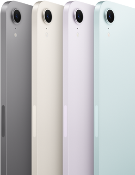 The back view and camera of four iPad mini models are shown in its available colours: Space Grey, Starlight, Purple and Blue