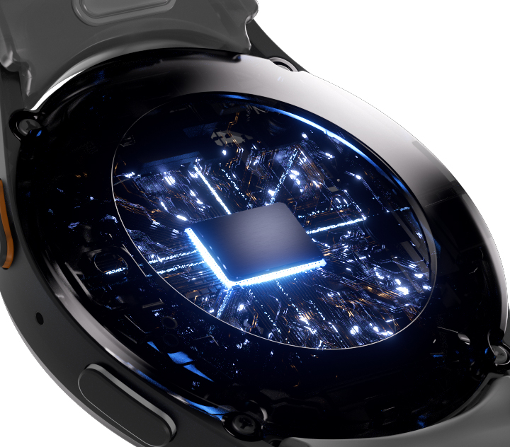A close-up view of a 3nm processor embedded inside a Galaxy Watch7.