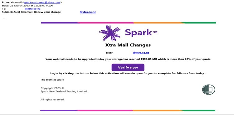 xtra-mail-storage-scam Xtra Mail storage scam screenshot